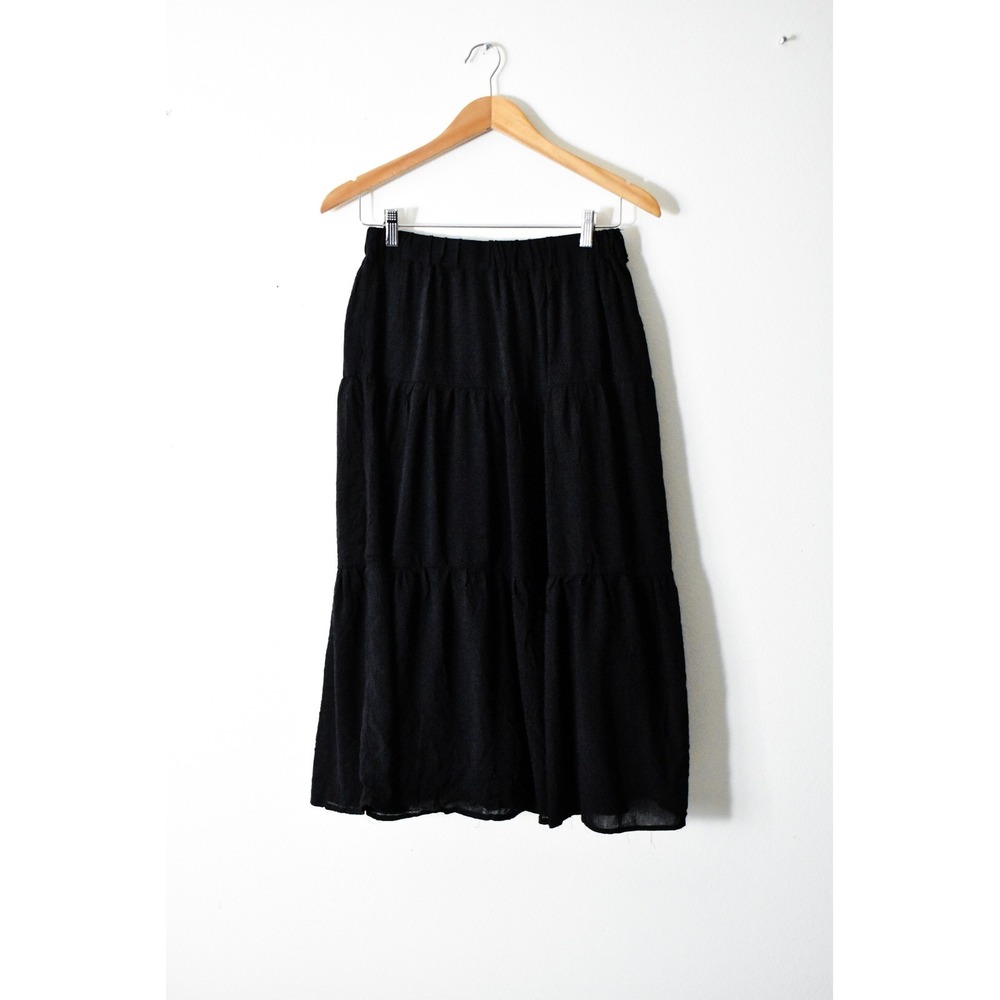 Passport Tiered Midi Skirt Women Large Black Vintage Boho Elastic Waist Rayon